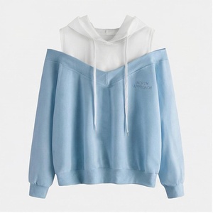 เสื้อฮู้ดดี้โอเวอร์ไซส์สีน้ำเงิน ดีไซน์เว้าด้านหน้า พร้อมโลโก้  แบบยูนิเซ็กส์  ลำลอง  ถักจากผ้าฝ้าย  ใส่ได้ในฤดูใบไม้ร่วง - Product Image 1