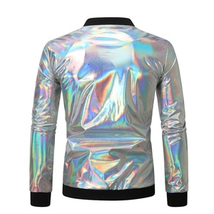 Wholesale Breathable Windproof Canvas Bomber <b>Jacket</b> Men Casual Stand Collar Zipper Shiny Rainbow Front Glitter Print Autumn - Product Image 5