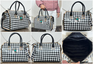 Sac de voyage Speedy 15 pouces à carreaux noir et blanc occidental avec concho turquoise, sac de voyage en cuir de vache travaillé à la main pour femmes, sac de voyage de designer - Product Image 3