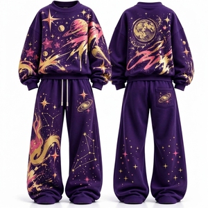 Ensemble de survêtement pour femme avec sweat-shirt imprimé Galaxy prune et pantalon large, style streetwear cosmique, tenue décontractée deux pièces, ONEAPEX - Product Image 3