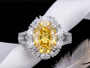 Fancy Yellow Oval Cut Lab Grown <b>Diamond</b> <b>Ring</b> With Pave Setting Prong Claw Women's Luxury Engagement <b>Ring</b> - Product Image 4