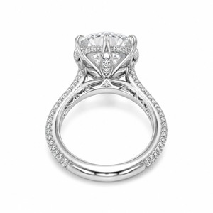 Bague de fiançailles et de mariage en argent 925 avec diamant de laboratoire rond brillant, halo caché et pavé cathédrale - Product Image 2