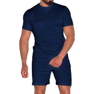 Ensemble T-shirt et short décontracté pour homme, bleu marine, col rond, couleur unie, respirant, en coton et élasthanne tricoté - Product Image 5