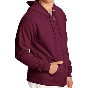 Sweat à capuche décontracté en molleton de coton uni avec fermeture éclair intégrale et poche kangourou, design personnalisé - Product Image 4
