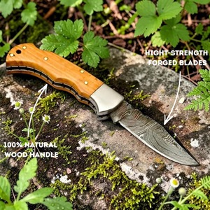 Cuchillo hecho a mano de acero de Damasco con hoja de punta caída y mango de madera, cuchillo de camping de filo recto - Product Image 6