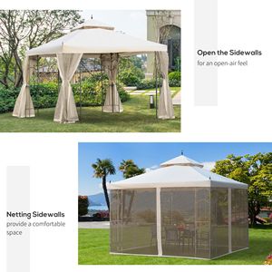 Pergola de jardin en acier blanc crème imperméable 10x10 avec rideaux en maille et étagères, poteaux métalliques - Product Image 5