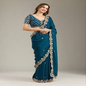 VASTRA COTTAGE Saree de seda suave Rangoli Crush con bordado pesado de lentejuelas y borde calado, y blusa de diseñador Rangoli Crush - Product Image 2