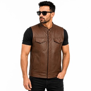 Gilet de moto en cuir véritable noir pour homme, veste sans manches, fermeture éclair sur le devant - Product Image 1