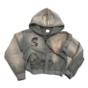 Sweat à capuche pour homme Vintage Sun Fade Acid Wash Fermeture à glissière surdimensionnée Fermeture à glissière en détresse personnalisée - Product Image 1