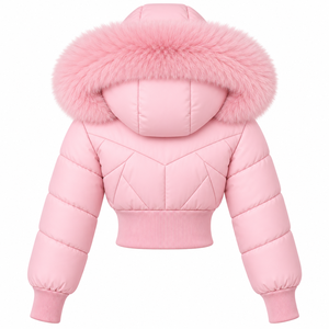 Chaqueta acolchada rosa personalizada para hombre con capucha, ribete de piel, cremallera, corte corto, acolchado grueso, transpirable, para invierno, con logo frontal - Product Image 2