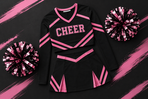 Wholesale Low Price Adults Polyester Cheerleading Uniform Set <b>Long</b> <b>Sleeve</b> <b>Crop</b> Top Mini Skirt <b>Black</b> Pink Rhinestone Heat - Product Image 4