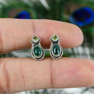 Natural Malachite And Peridot Gemstone <b>Stud</b> Earrings 925 Sterling <b>Silver</b> Oval Shape Trendy Women's Jewelry for Wedding Party - Product Image 6