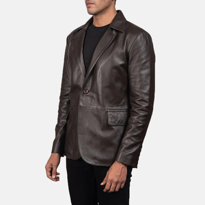 FASPAR SPORTS Men <b>Leather</b> <b>Blazer</b> <b>Jacket</b> Notched Collar Single Button Regular Fit Breathable 180g Woven Fabric Needle Detection - Product Image 2
