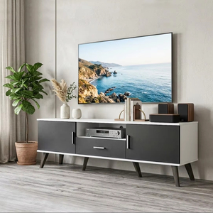 Meuble TV moderne en aggloméré blanc et gris foncé de 180 cm, modèle TV6074, avec 2 portes, 1 tiroir, glissières métalliques, rangement pour téléviseurs 65+ pouces, appartement, villa - Product Image 1