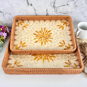 Trendy Rectangular Rattan Mother Of Pearl <b>Tray</b> <b>Large</b> Golden Sunburst Floral Mosaic Serving Base For Restaurant Wholesale - Product Image 1