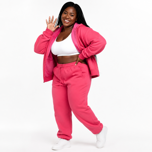 Ensemble de survêtement rose écoresponsable pour femme grande taille, sweat à capuche zippé et pantalon assorti, couleur unie, coupe décontractée ample, idéal pour l'hiver - Product Image 2