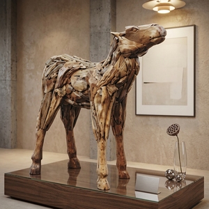 Handcrafted <b>wooden</b> reindeer sculpture <b>rustic</b> teak driftwood animal statue standing forest floor decoration frames space unit now - Product Image 3