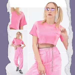 Women's Pink Sweating 2-Piece Long Set Short Sleeve Crew Neck Knitted Cotton Casual Winter Regular Fit with Chain Belt - Product Image 1