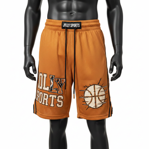 Pantalones Cortos de Baloncesto de Malla de Poliéster Premium de 180 GSM, Color Naranja Óxido, con Parche de Chenilla, Etiqueta Tejida y Panel de Rayas - Product Image 1