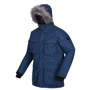 Veste parka d'hiver pour homme, design OEM, bleue, imperméable, avec fermeture éclair, rembourrée, avec poches avant et fausse fourrure sur le capuche, vestes pour homme - Product Image 1