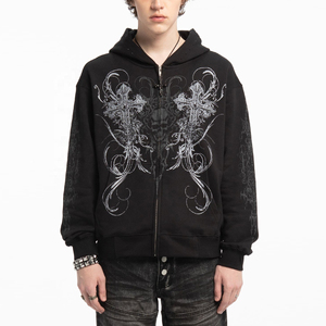 <b>Gothic</b> Printed Hooded Zipper Sweatshirt Men Black Skull Cross Design Regular Fit Autumn Streetwear Knitted Cotton <b>Jacket</b> - Product Image 6