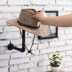 Industrial Pipe Hat Rack Hooks with Wooden <b>Shelf</b> Black Metal Brown Wood <b>Wall</b> <b>Mount</b> Organizer for Hats Wigs Helmets Caps - Product Image 4