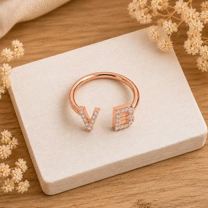 Wholesale Round Cut Lab Diamond Minimalist 10K 14K 18K Solid Gold Initial <b>Cuff</b> Ring Personalized Two Letter Open Adjustable Ring - Product Image 2