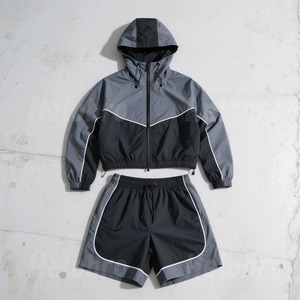 Ensemble de survêtement sportif 2026 : Veste à capuche zippée et short, design color block, léger, en polyester, séchage rapide, idéal pour l'été - Product Image 1