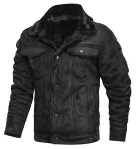 <b>Men's</b> <b>Suede</b> Leather <b>Jacket</b> Turn-down Collar Button Closure Faux Fur Lining Winter Moto Biker Style Thick Coat - Product Image 3