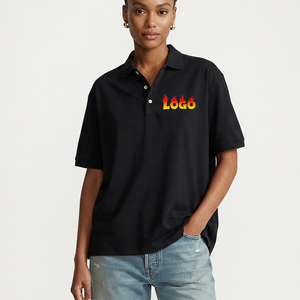 Polo en coton noir pour femme, manches courtes, décontracté, avec logo imprimé sur le devant, coupe classique, tissu Oxford, impression par transfert thermique - Product Image 1
