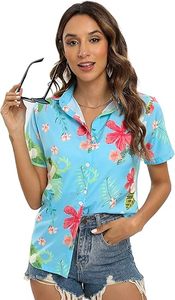 Tenue de vacances pour femmes, chemise hawaïenne à fleurs, chemisier Aloha boutonné pour l'été, la plage et les voyages - Product Image 3