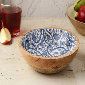 Bol en bois imprimé émail, motif cachemire bleu et blanc, pour servir les salades et les plats du soir - Product Image 1