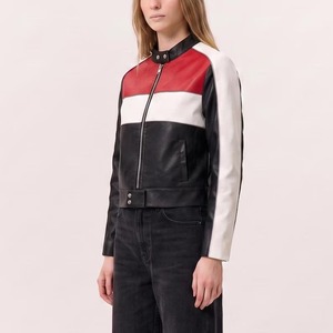 Women's Racing Leather <b>Jacket</b>, Cropped Black Red <b>White</b> Moto <b>Jacket</b> - Product Image 2