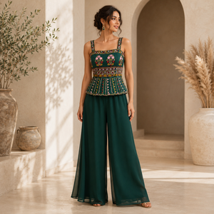 Women Green Floral Embroidered Peplum Top Wide Leg Palazzo Set Elegant Ethnic Party Wear Two Piece Outfit Festive Wedding - Product Image 2