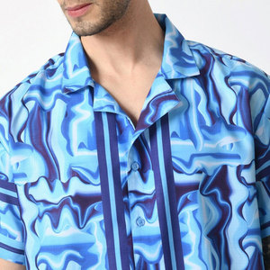 Camisa Hawaiana de Manga Corta para Hombre, Estampado Abstracto Azul, Cuello Camisero, Transpirable, Estilo Vacacional, Verano, Satén Tejido - Product Image 6