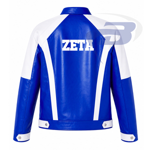 Zeta Phi Beta Sorority PU Leather Varsity <b>Jacket</b> Blue <b>White</b> Letter Print Full Sleeve Zipper Casual Style Women's Racing <b>Jacket</b> - Product Image 3