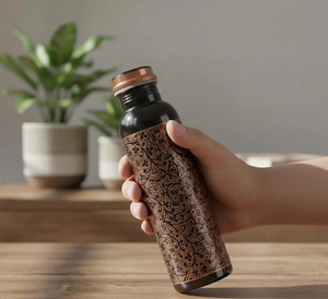 ขวดน้ำทองแดงโบราณแกะสลักลายอียุรเวท งานฝีมือทองแดงแท้ ดีไซน์คลาสสิก เป็นมิตรกับสิ่งแวดล้อม ยี่ห้อ Uttar - Product Image 3