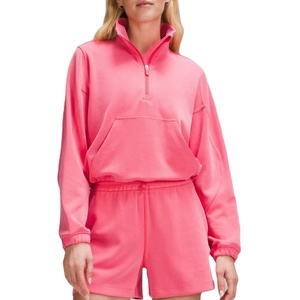 Custom Pink Sets Brushed Soft Fleece Terry Stretch Cuff Half Zip Jacket Hoodie <b>Shorts</b> 2 Piece Lounge Set Women 2026 - Product Image 2