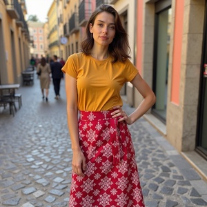 Elegante falda de longitud completa bohemia de verano para mujer, informal, a la moda, envolvente, en cascada, copo de nieve, estampado rojo, para todo el día - Product Image 3