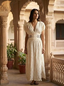 Robe longue en gaze de coton vert marin faite à la main avec broderies tribales et fentes hautes, style déesse, robe d'été bohème - Product Image 6