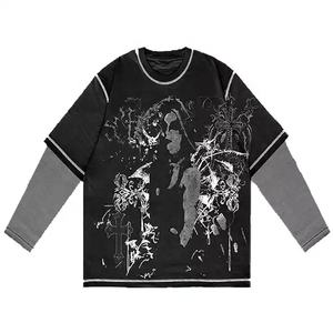 Ropa de calle de alta calidad para hombres, camisa de manga larga de doble capa con costuras en contraste lavadas, camiseta Vintage de gran tamaño - Product Image 4