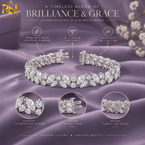 Pulsera de tenis con diamantes de laboratorio redondos y marquise en alternancia |   Anillo de Oro Macizo con Diseño Floral de Enredadera 9K 14K 18K Joyería Fina de Lujo - Product Image 5