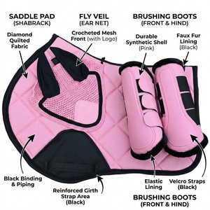 Matching Horse Saddle Pad <b>Set</b> - Shock Absorbing English Riding Pad with <b>Crochet</b> Fly Veil Ear Bonnet & Impact Protection Boots - Product Image 2