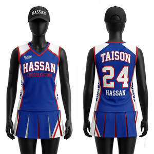 Maillot de cheerleading pour femmes, uniforme 220 GSM en polyester interlock premium, bleu, noir, blanc, avec panneau en V et logo personnalisé en twill. - Product Image 5