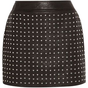 Mini-jupe noire en cuir à taille haute avec rivets argentés, style club sexy pour femme - Product Image 2