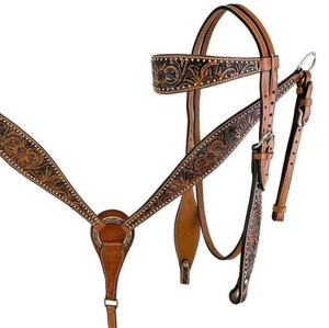 Ensemble de sellerie western en cuir véritable marron durable, avec têtière à une oreille et harnais de poitrine assorti, personnalisable pour l'équitation - Product Image 2