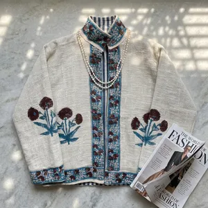 Veste en lin pour femme à col mandarin, imprimé floral, manches chauve-souris, style Prairie Chic, pour l'automne - Product Image 6