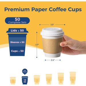 Confezione da 50 Bicchieri di Carta Resistenti da 10 oz per Caffè Caldo, Usa e Getta, con Coperchi Antigoccia e Manicotti per Asporto e Uso Domestico - Product Image 3
