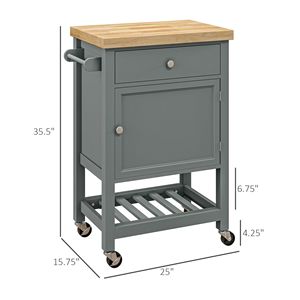 Carrello da Cucina Portatile Grigio con Design Moderno, Piano in Legno di Quercia, Cassetto, Portabottiglie e Mobiletto in Legno di Gomma - Product Image 3