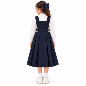 Uniforme Escolar para Niñas, Color Azul Marino, 100% Poliéster, Vestido Tipo Pinafore con Camisa Blanca, Falda Plisada, Diseño de Doble Botonadura, ODM - Product Image 6